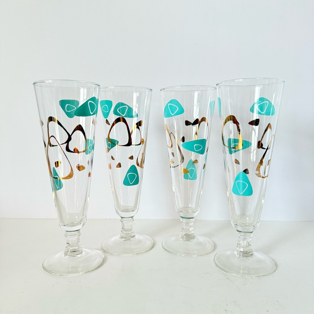 Set of 4 Federal Glass “Capri / Atomic Amoeba / Boomerang” MCM Pilsner Glasses
